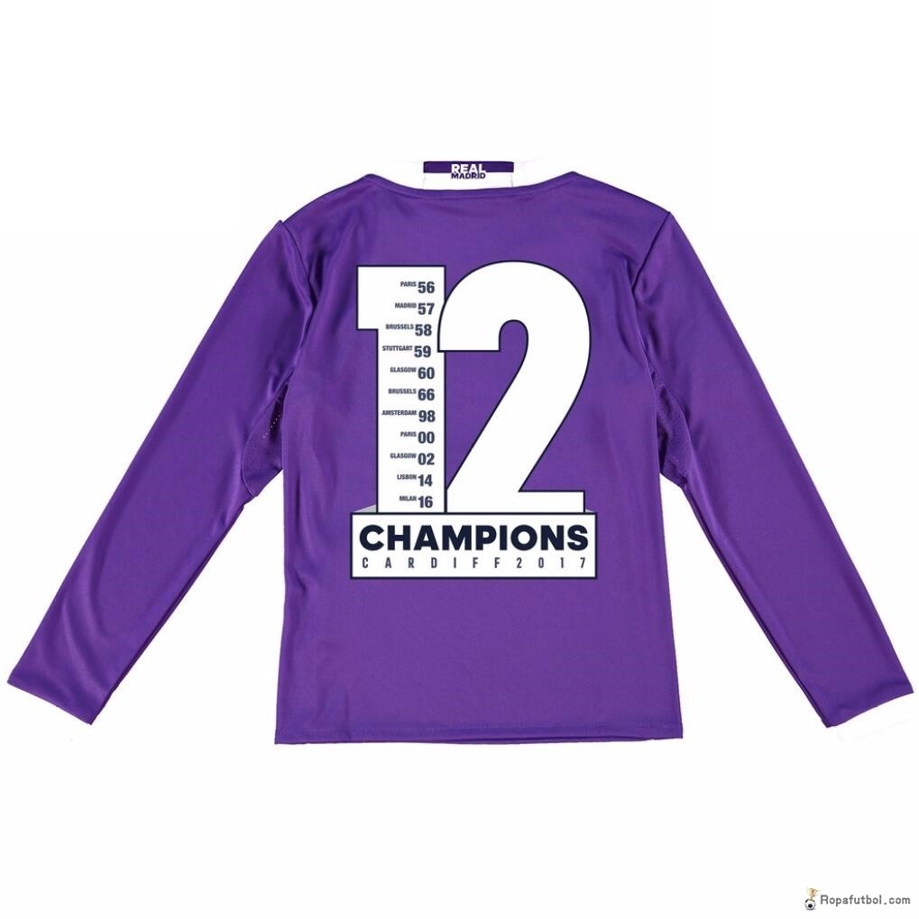 Camiseta Real Madrid Champions 12 Replica Segunda Ropa ML Niños 2016/17 Purpura